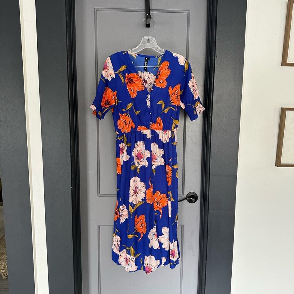 ASOS Womens Floral Midi Dress Size 6 Blue V Neck Long Sleeve Button Front - Picture 2 of 12